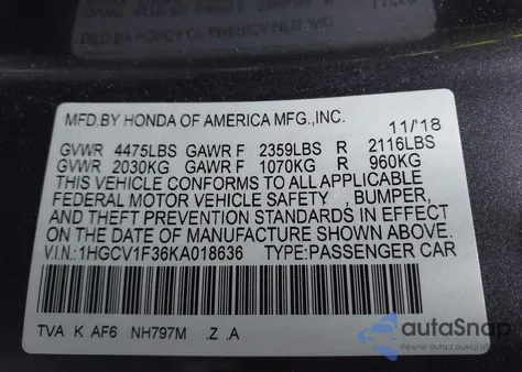 2019 Honda Accord Sport from USA, damaged, VIN 1HGCV1F36KA018636